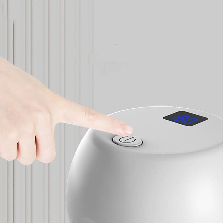 Sterilizzatore UV LED per ciucci, box rotondo bianco con display digitale e pulsante USB.