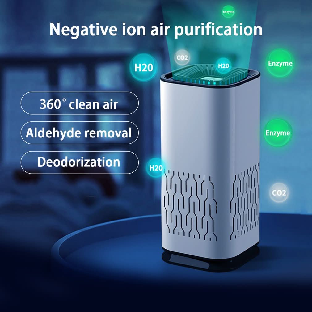 Purificatore d'aria portatile a ioni negativi per auto e casa; rimuove formaldeide, polline, odori e fumo.