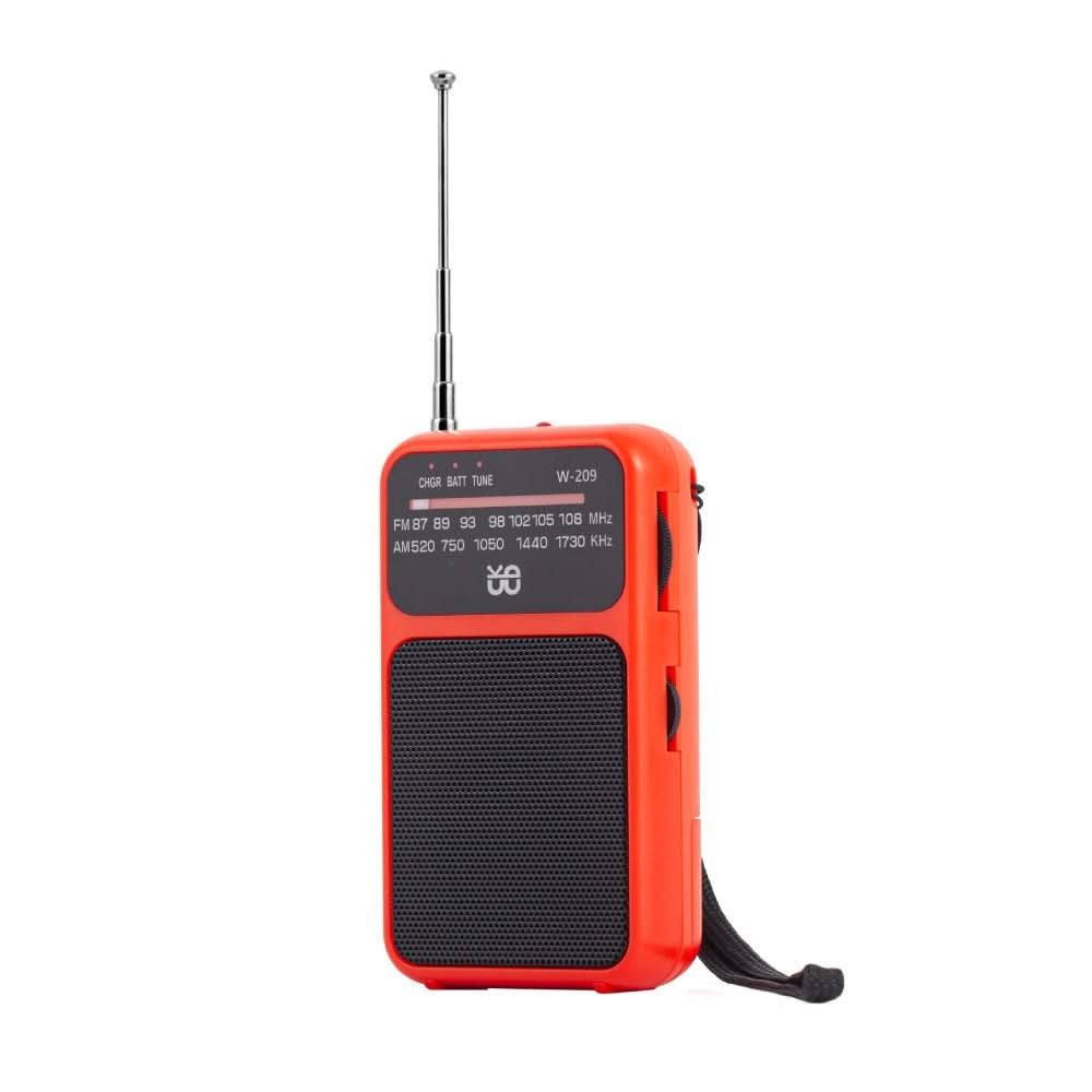 Radio portatile rossa a doppia alimentazione con torcia, FM/AM, antenna telescopica e cinturino
