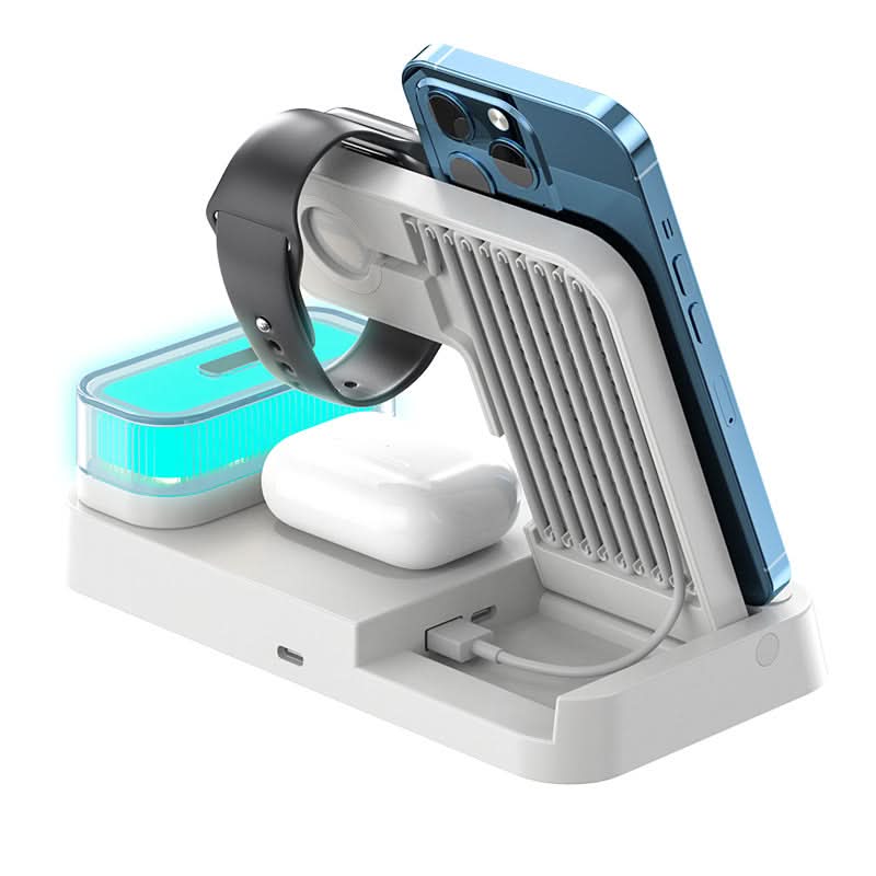 Stazione di ricarica wireless 4 in 1 con orologio sveglia, supporto pieghevole e luce notturna RGB.