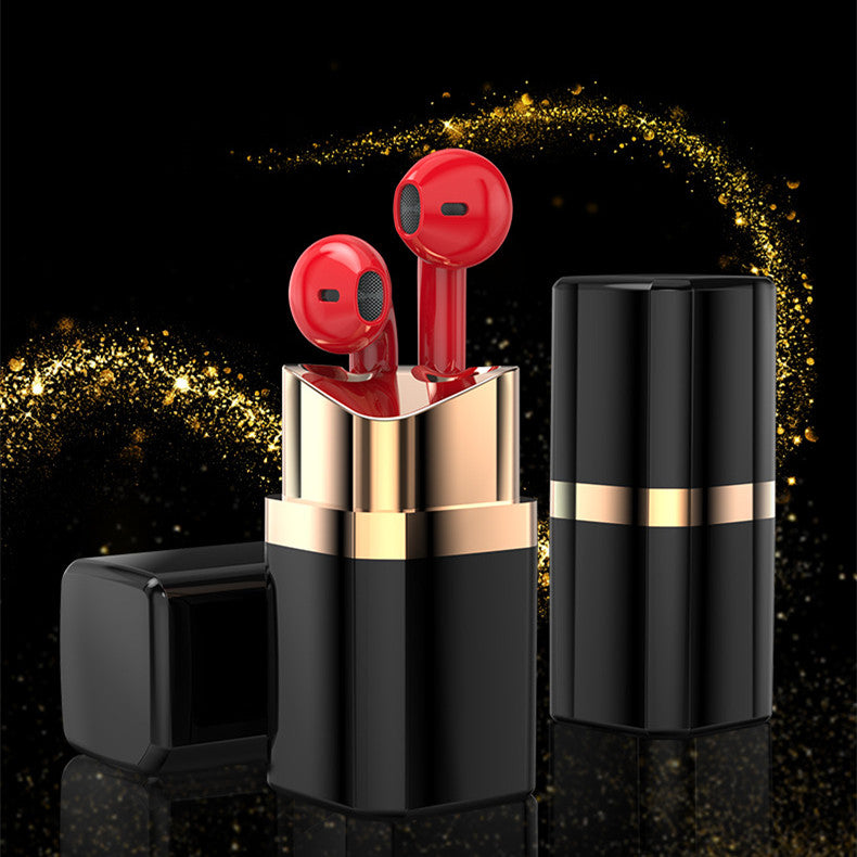 Auricolari Bluetooth a forma di rossetto rossi, in-ear, leggeri, con custodia nera dorata e riduzione del rumore.