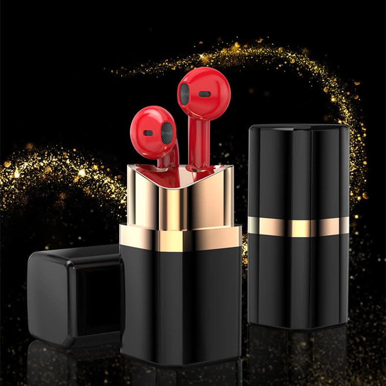 Auricolari Bluetooth a forma di rossetto rossi, in-ear, leggeri, con custodia nera dorata e riduzione del rumore.
