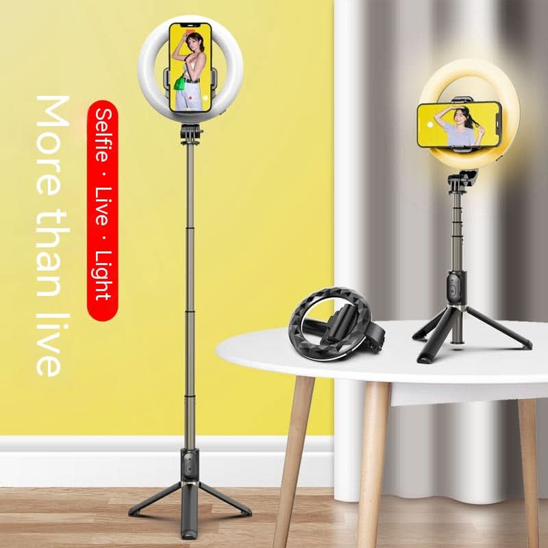 Anello LED per selfie Bluetooth 5.2 nero, treppiede universale in lega di alluminio, montato con smartphone.