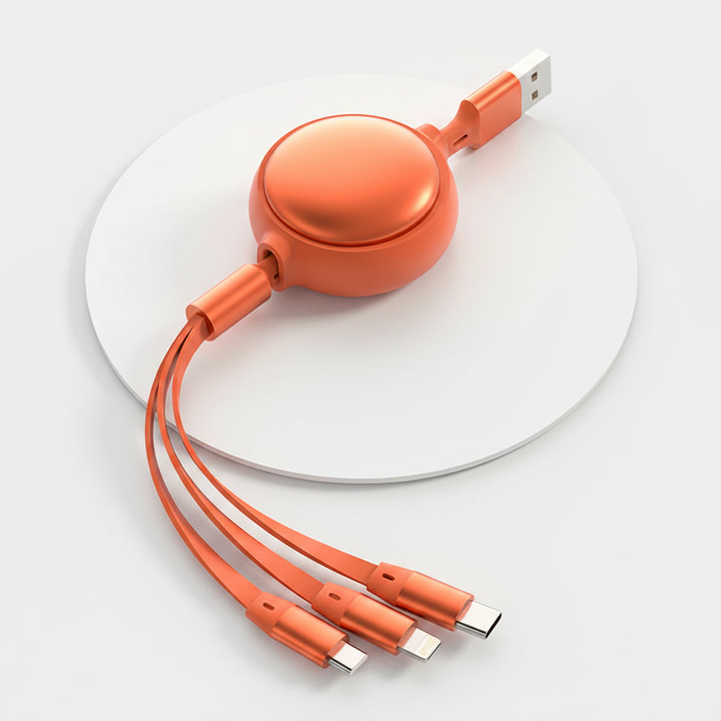 Cavo retrattile 3 in 1 USB da 2,4 A con Micro USB, USB-C e Lightning, colore arancione