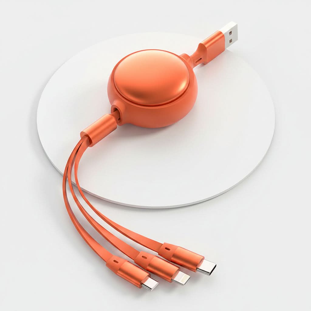 Cavo retrattile 3 in 1 USB da 2,4 A con Micro USB, USB-C e Lightning, colore arancione