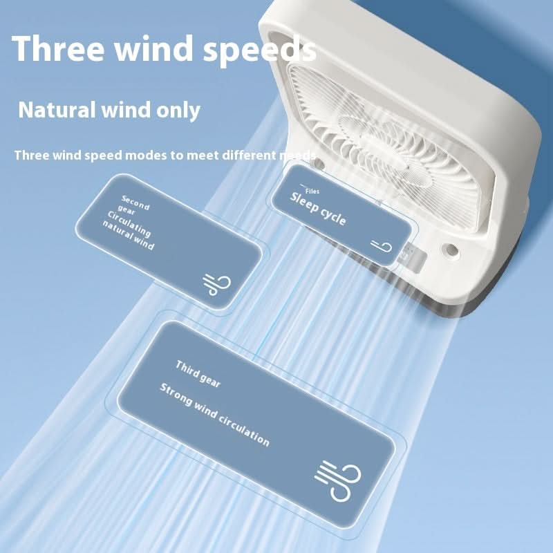 Ventilatore domestico USB ricaricabile con serbatoio acqua, tre ugelli nebulizzatori e luci notturne, raffreddamento 270°
