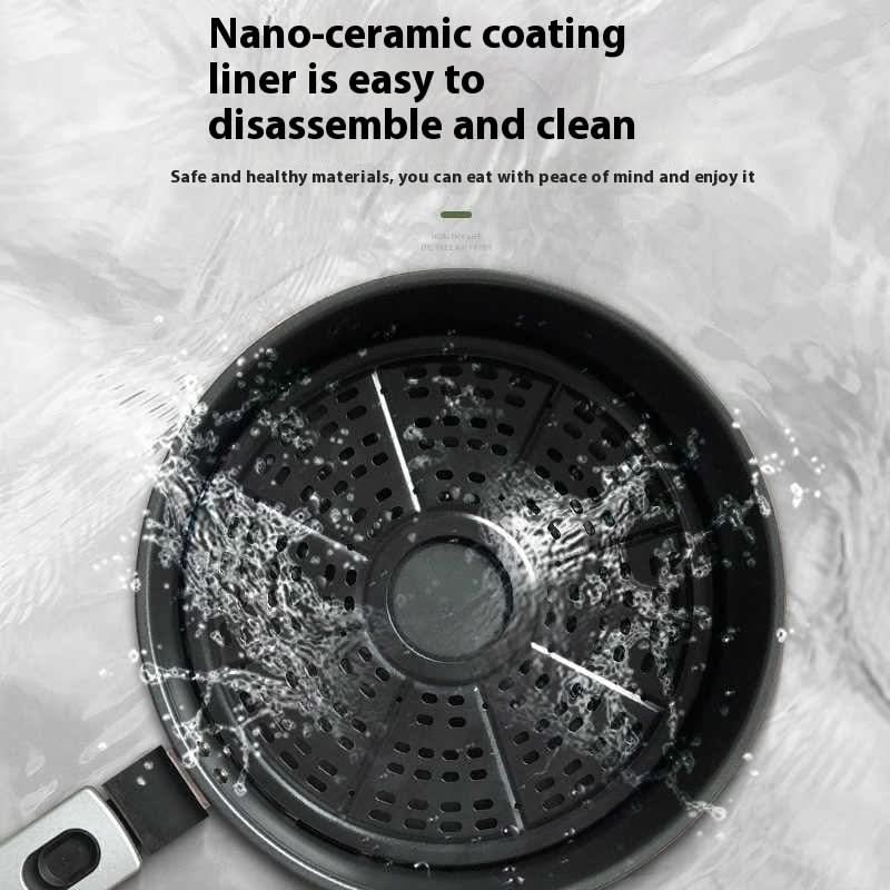 Friggitrice ad aria tutto-in-uno 8L, rivestimento nano-ceramico, 1350W, pulsanti meccanici; include manuale e ricette.