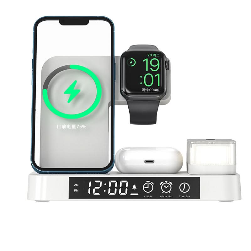 Stazione di ricarica wireless 4 in 1 con display orologio, stand pieghevole e luce notturna RGB.