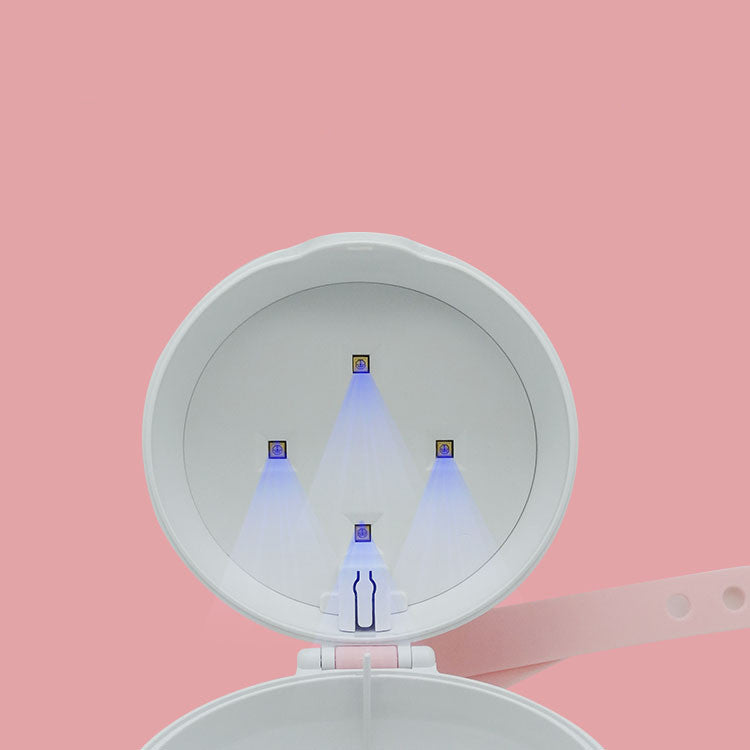 Box sterilizzatore UV a LED per ciucci da bebè, bianco con cinturino rosa, alimentazione USB