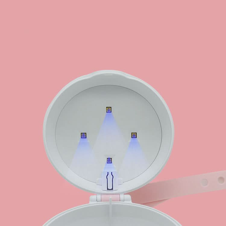 Box sterilizzatore UV a LED per ciucci da bebè, bianco con cinturino rosa, alimentazione USB