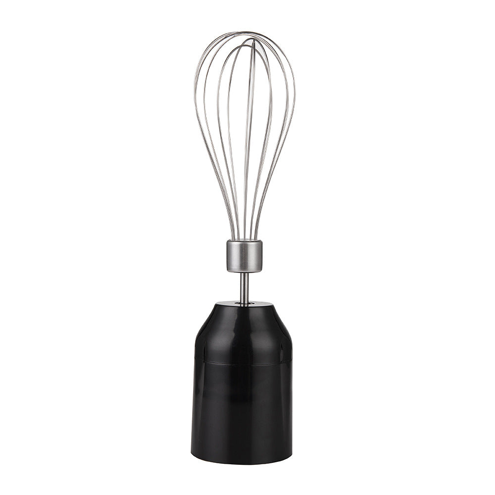 Frusta a filo in acciaio inox con corpo nero, accessorio per mescolare di una macchina culinaria multifunzione.