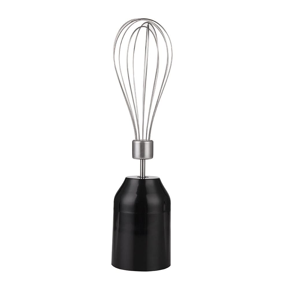 Frusta a filo in acciaio inox con corpo nero, accessorio per mescolare di una macchina culinaria multifunzione.