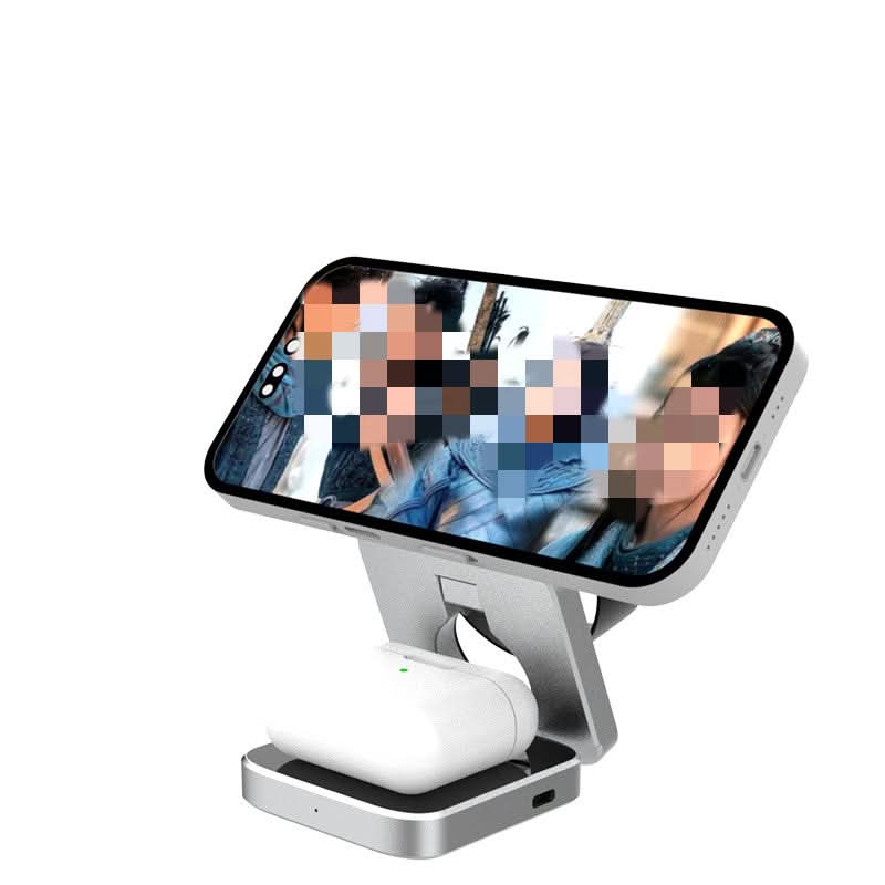 Stazione di ricarica wireless 3-in-1 pieghevole in argento per smartphone, auricolari e smartwatch