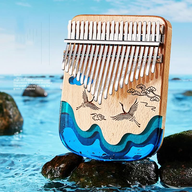 Kalimba in legno di faggio con 17/21 tasti, resina ecologica color balena o gru e onde blu sulla roccia