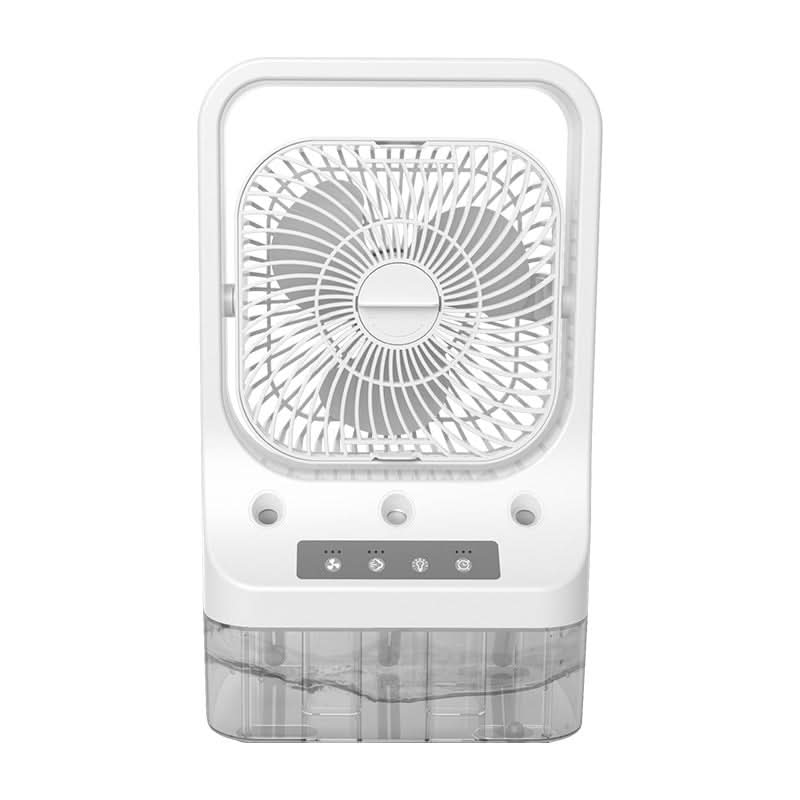Ventilatore domestico USB ricaricabile con serbatoio acqua, testa 270°, tre ugelli nebulizzanti, luci notturne colorate