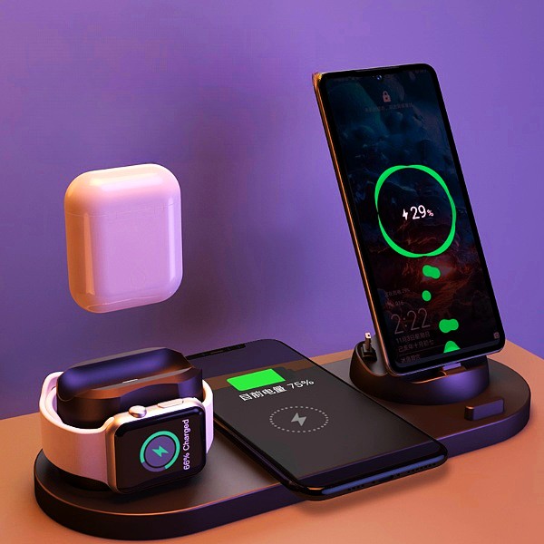 Dock di ricarica wireless 6 in 1 per smartphone, orologio e auricolari, ricarica rapida 5V/2A, base USB 23×9 cm