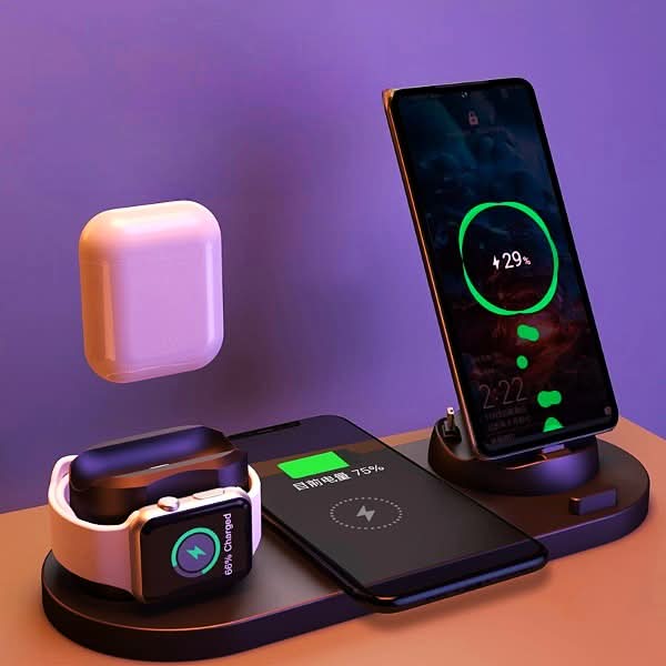Dock di ricarica wireless 6 in 1 per smartphone, orologio e auricolari, ricarica rapida 5V/2A, base USB 23×9 cm