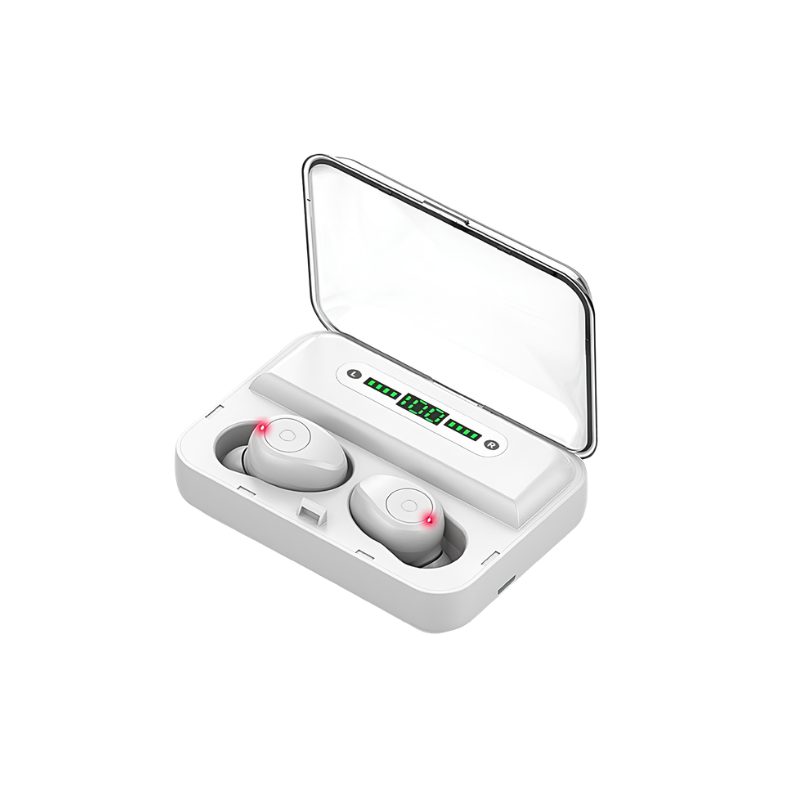 Cuffie Bluetooth binaurali bianche con custodia power bank, display LED, audio premium e bassi potenti.