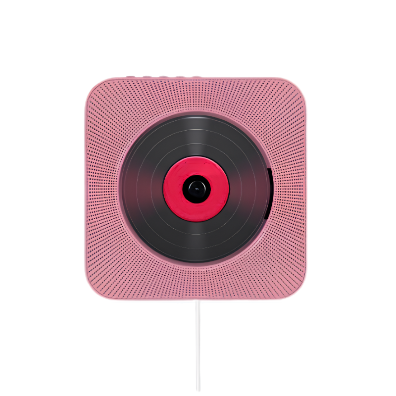 Player CD rosa quadrato con design vinyl, interfaccia RCA, supporto 110-240V e visualizzazione, ideale per audio portatile o wall-mounted.