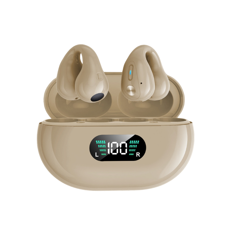 Cuffie TWS a clip con Bluetooth 5.3 e Bass HIFI. Custodia di ricarica beige con display digitale a 100%. Comode, wireless e ideali per lo sport.