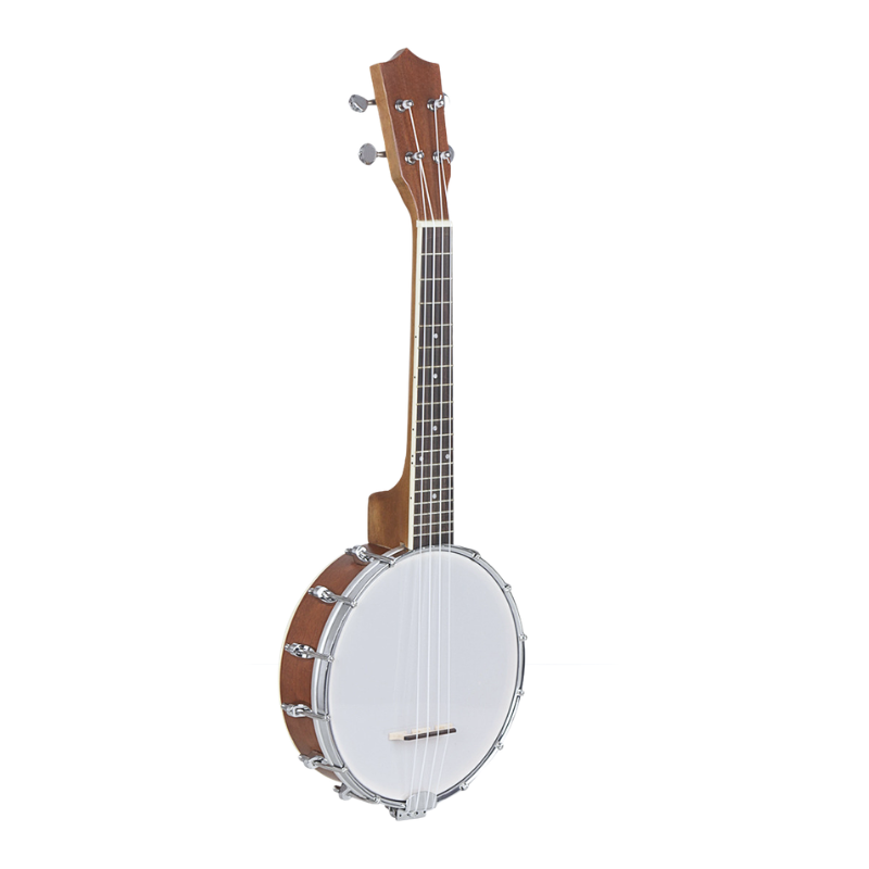 Banjo western a 4 corde in legno sapele, strumento musicale con corpo rotondo e tastiera scura.