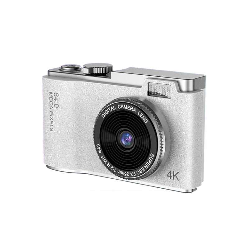 Camera digitale retro portatile per bambini, 64MP, video 4K, corpo argento in silicone ABS con laccetto incluso.