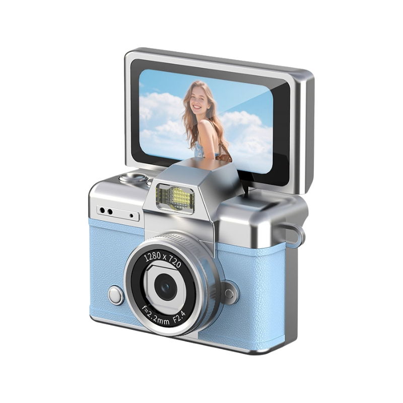 Compatto digitale retro con schermo ribaltabile HD, design azzurro e silver, completamente manuale, 1280x720.