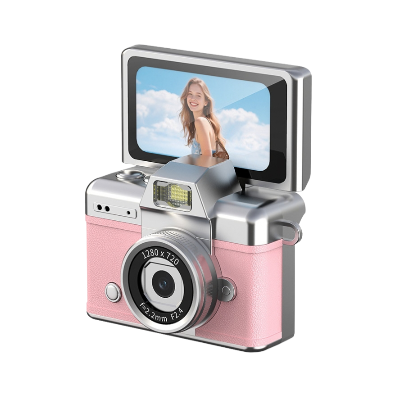 Compatto digitale retro rosa con schermo hd ribaltabile, design vintage,controllo manuale e obiettivo 1280x720.