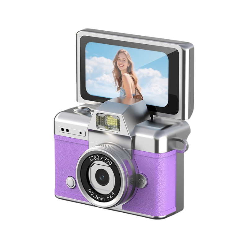 Camera digitale retro viola con schermo flip HD, design vintage, controllo manuale e lente 1280x720.