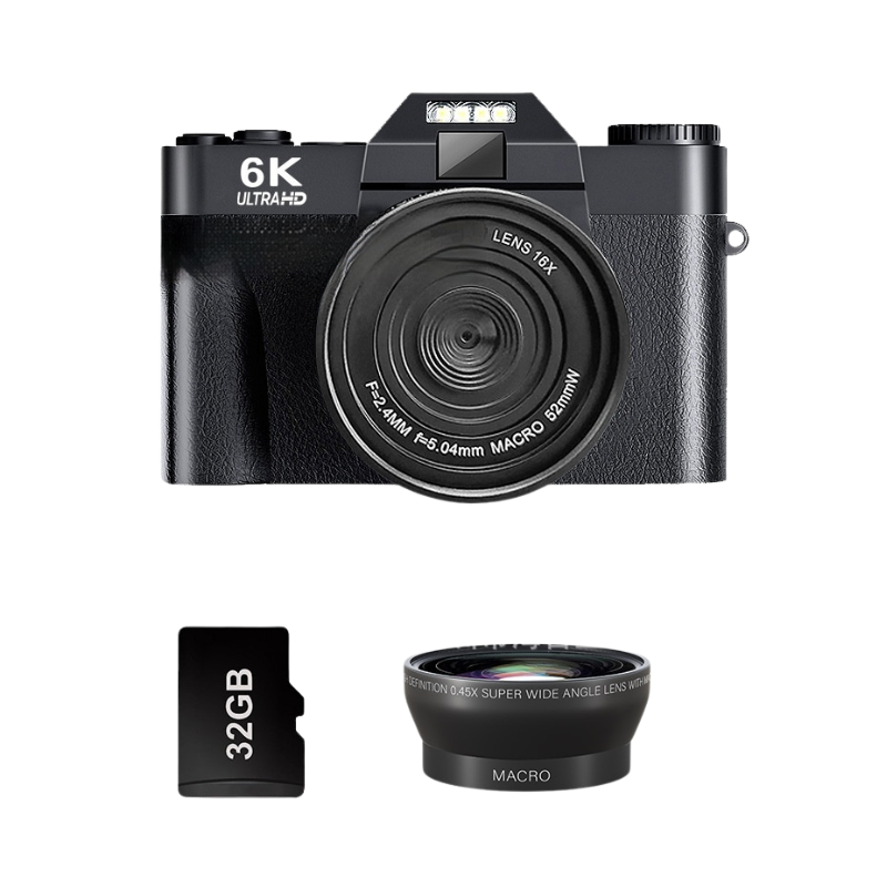 Camera mirrorless retro 6K HD con lente macro, memory card 32GB e obiettivo macro per viaggio e eventi.