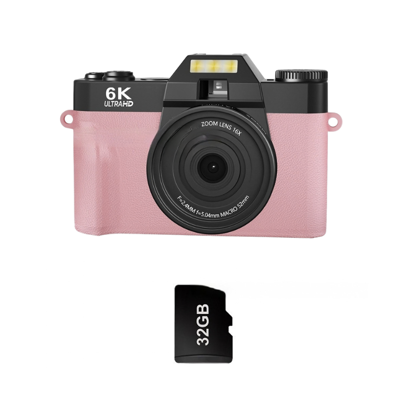 Camera mirrorless retro 6K HD rosa con lente zoom 16x e scheda memoria 32GB, ideale per viaggi e eventi speciali.