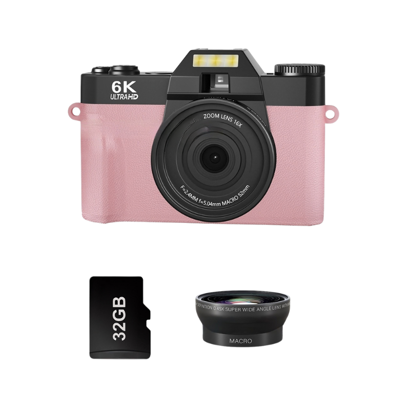 Camera digitale retro 6K HD rosa con zoom 16x, scheda 32GB e obiettivo macro per viaggio e regalo.