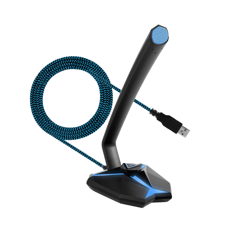 Microfono da gaming USB nero con base geometrica blu, grille azzurra e cavo intrecciato.