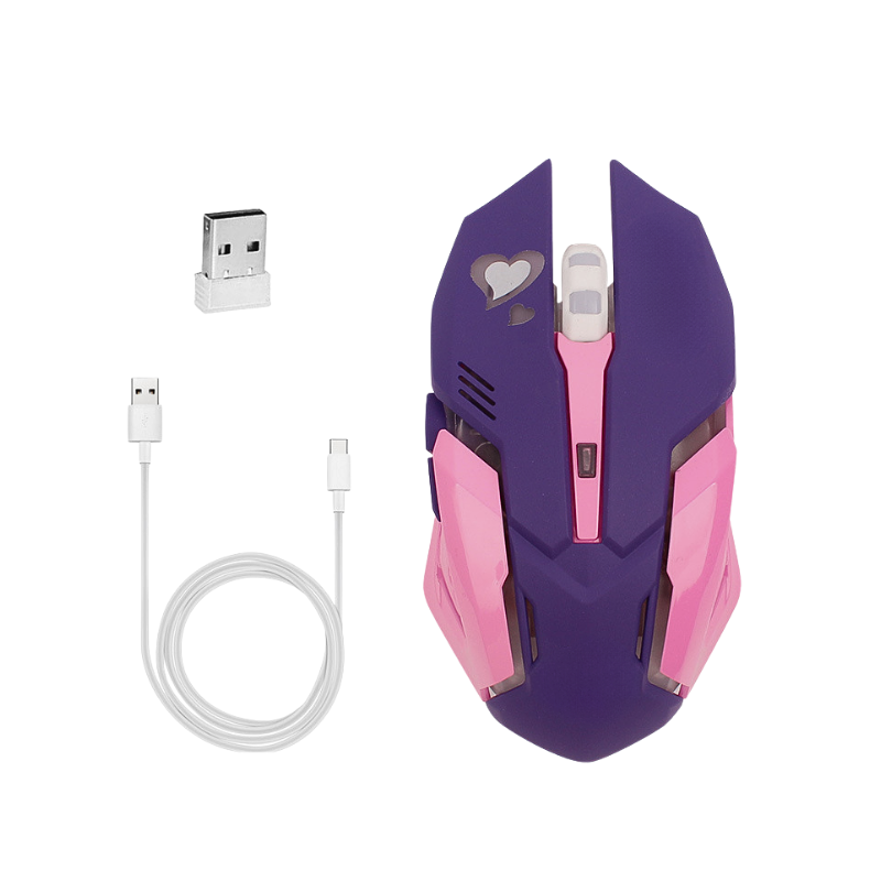 Mouse gaming wireless silenzioso viola e rosa, 2400 DPI, 6 tasti, con receiver USB e cavo di ricarica.