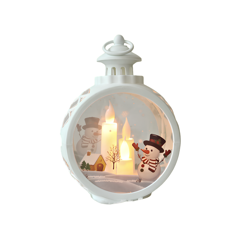 Lanterna luminosa bianca per Natale con scene di pupazzoli di neve, candele LED e casetta innevata, perfetta per decorazioni窗口.