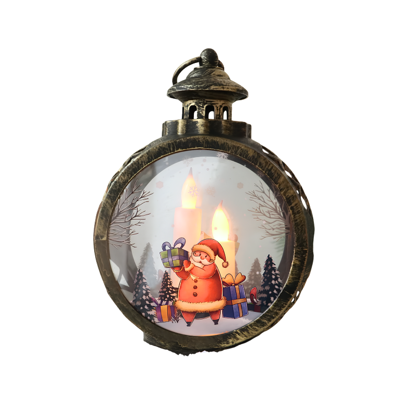 Lanterna natalizia rotonda con cornice bronzo vintage, illustrazione di Babbo Natale con regali e candele LED illuminate.