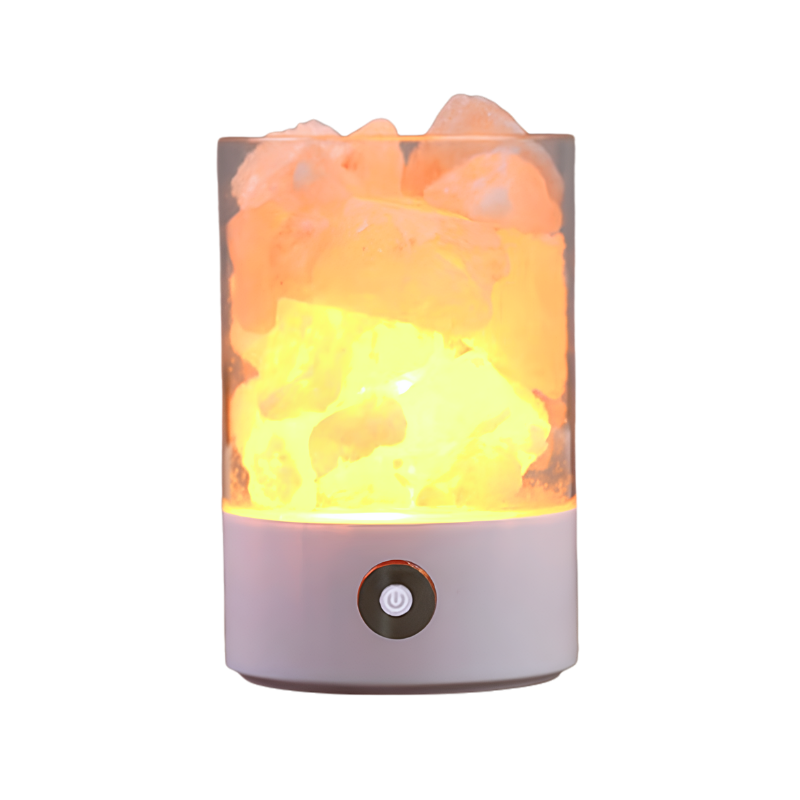 Lampada USB sale cristallina con luce LED calda. Genera ioni negative purificando l'aria e assorbendo l'umidità. Base con pulsante.