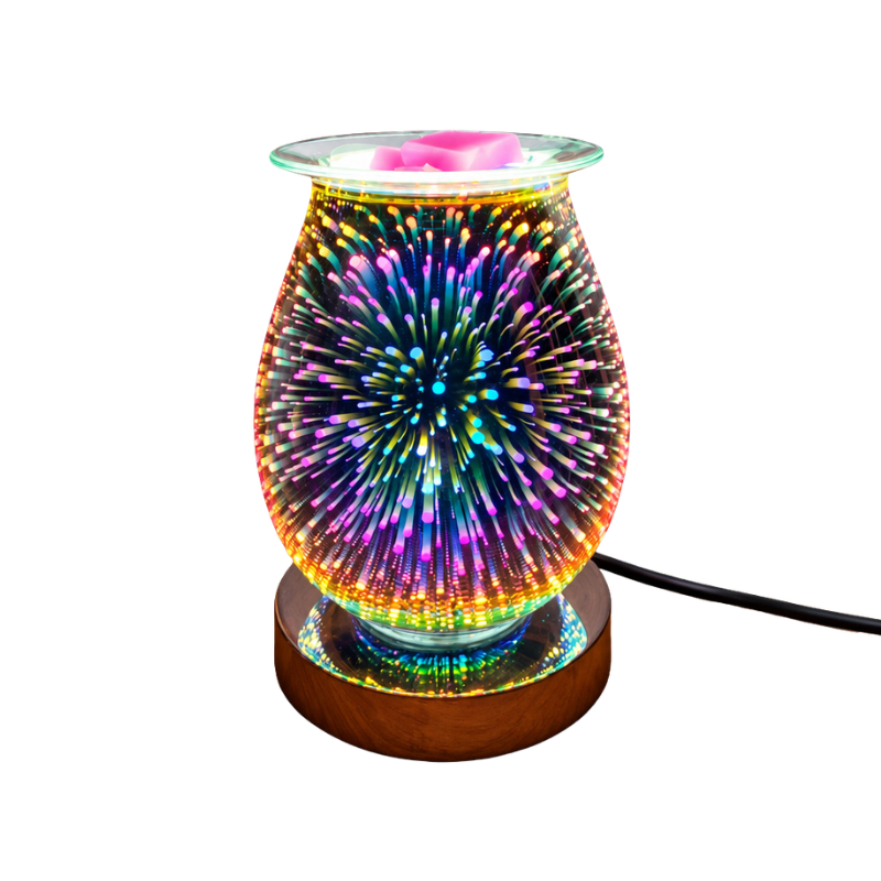 Diffusore aromatico LED con effetto piromoteki 3D multicolore, base in legno e vaschetta con wax melt rosa.