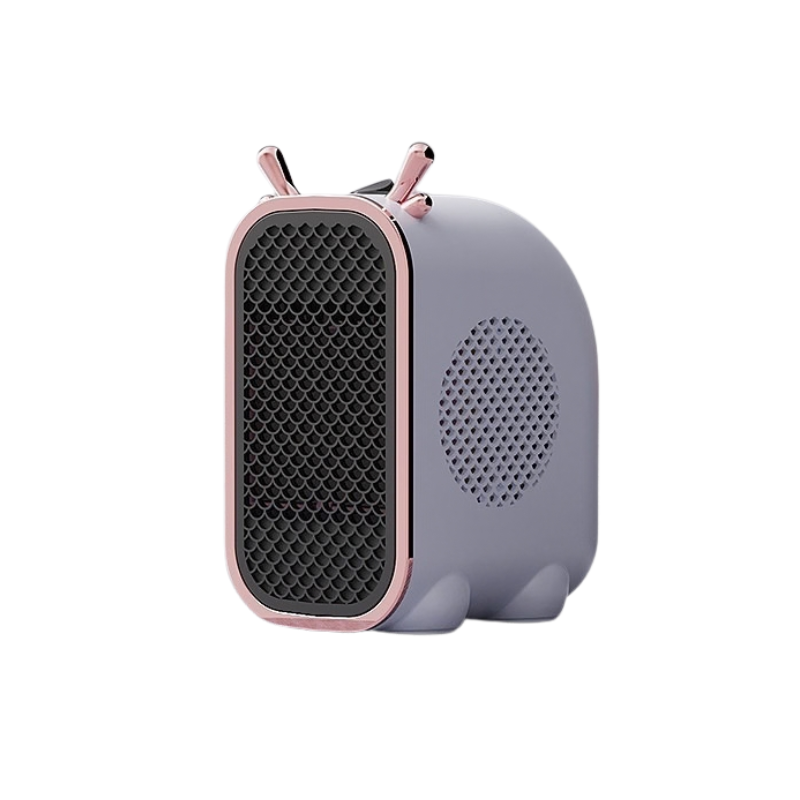 Mini ventilatore termico domestico grigio con dettagli rosa, design compatto e protetto in ABS per riscaldamento domestico.