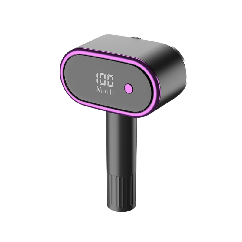 Rimozione pelucchi LED digitale ricaricabile USB, display con indicatori batteria e accento viola su corpo nero.