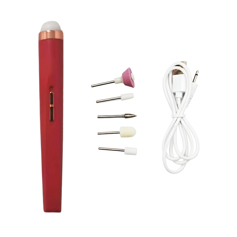 Set fresa elettrica elettrica wireless rosso con 5 testa intercambiabile e cavo USB ricarica per manicure e pedicure portatile.