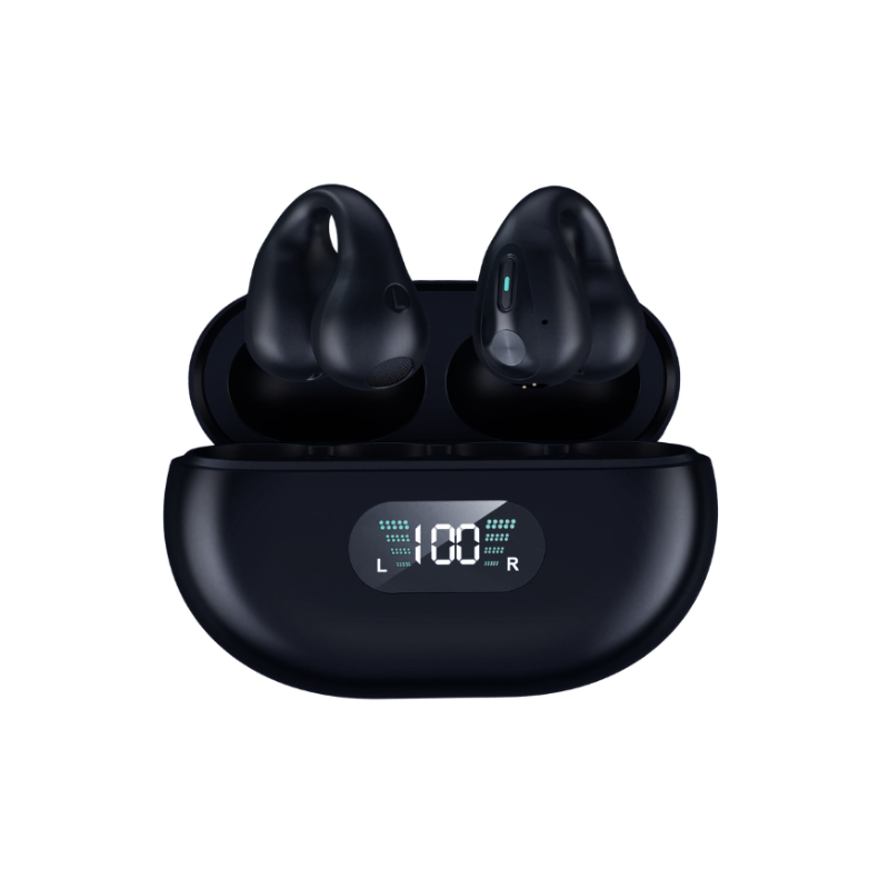 Auricolari wireless con clip da orecchio Bluetooth 5.3 e cassa di ricarica digitale, ideali per sport eHIFi.