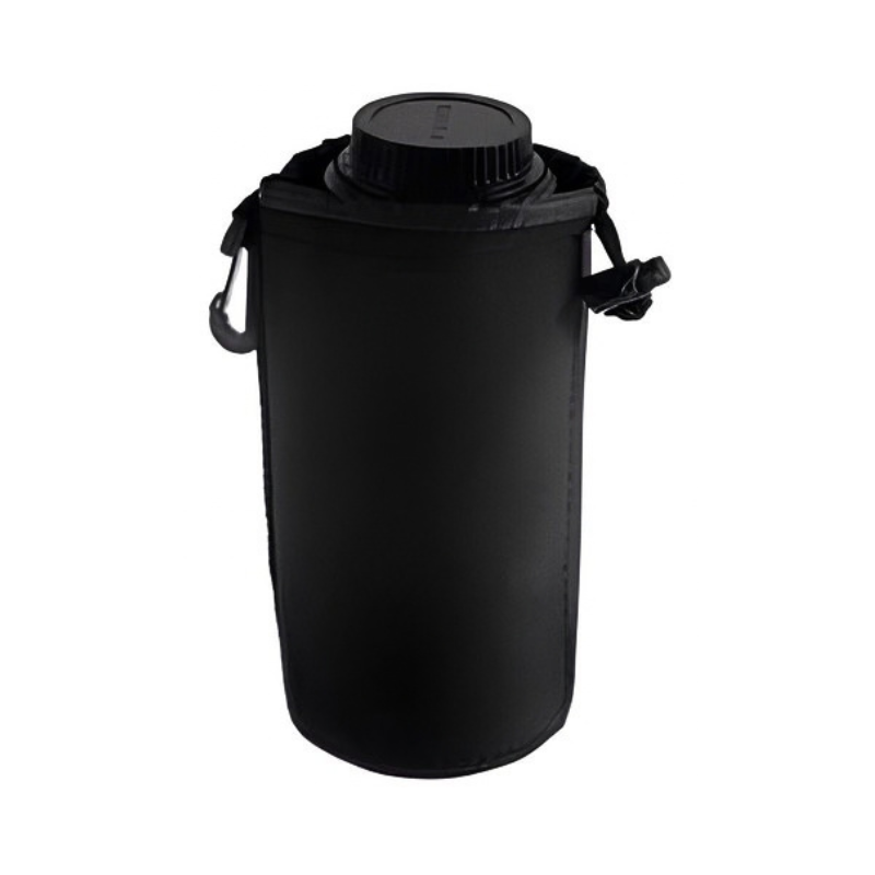 Custodia protettiva tubolare imbottita per obiettivi SLR e DSLR, nera con gancio e chiusura elastica, ideale per sicurezza e trasporto.
