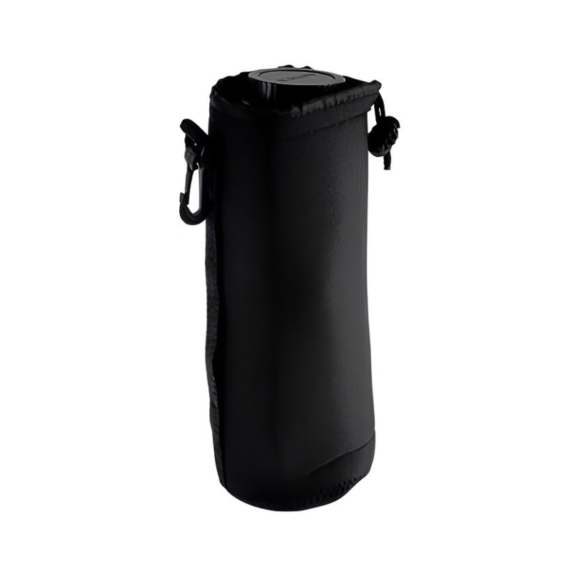 Custodia protettiva tubolare imbottita per obiettivo fotocamera SLR con corda elasticizzata e moschettone.