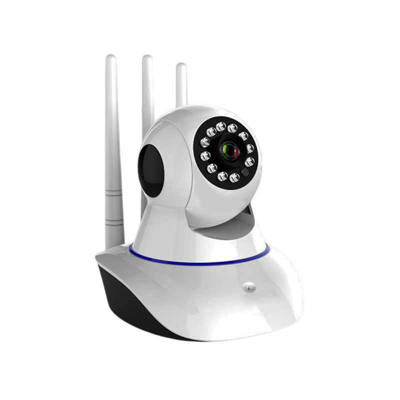 Camera di sicurezza wireless con tre antenne, lente HD 1080P e infrarossi per visione notturna, ideale per monitoraggio interno.