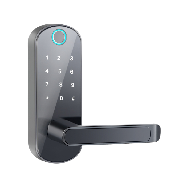 Serratura Bluetooth con lettore impronte, tastierino numerico, capacità 200 utenti e sblocco >9000 volte.