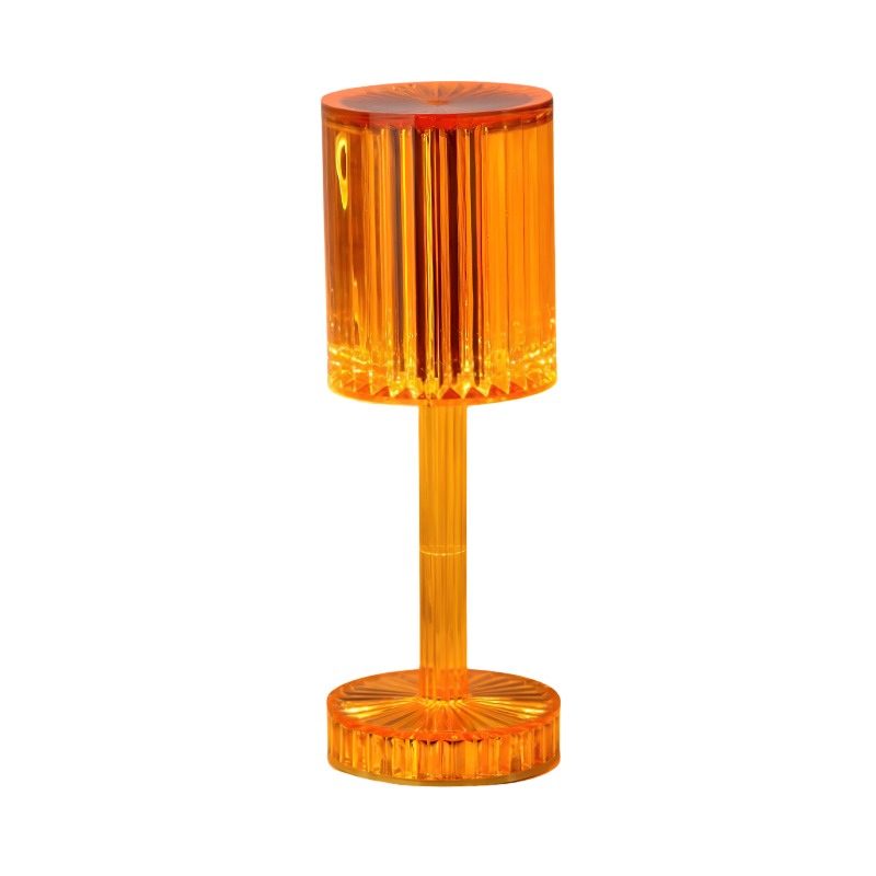 Lampada da tavolo LED effetto cristallo arancione con paralume trasparente a doppio strato, touch dimmerabile a 3 intensità e luce calda 3000K.