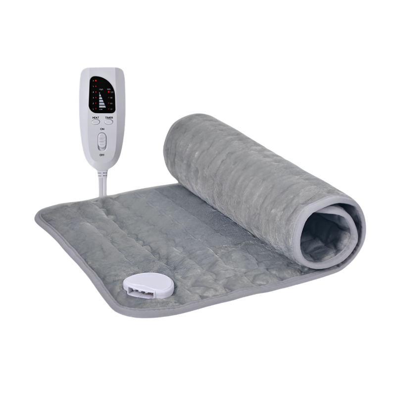 Coperta termica elettrica grigia con controllo intelligente, ideale per relax e impacchi caldi.
