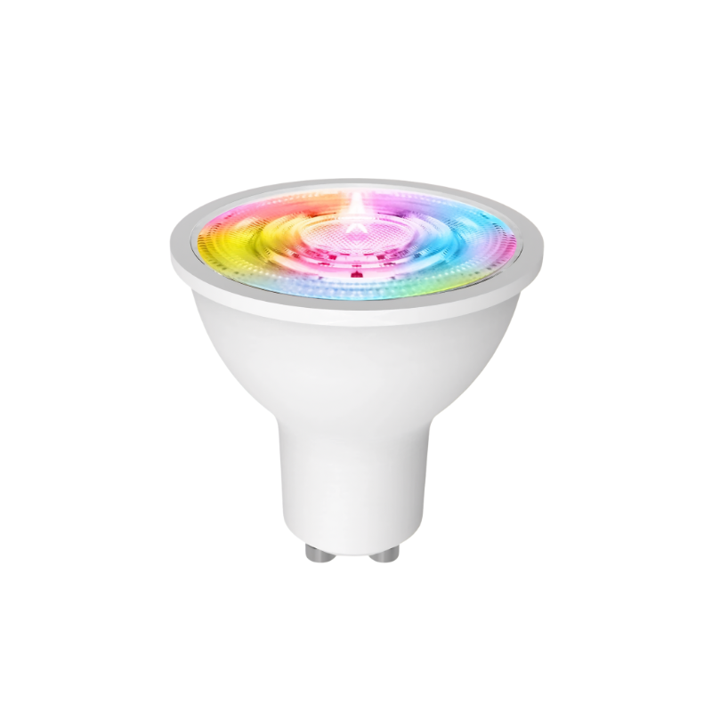 Lampadina smart LED GU10 RGB con luce colorata, compatibile WiFi e ZigBee, dimmerabile e controllabile via app o Alexa.