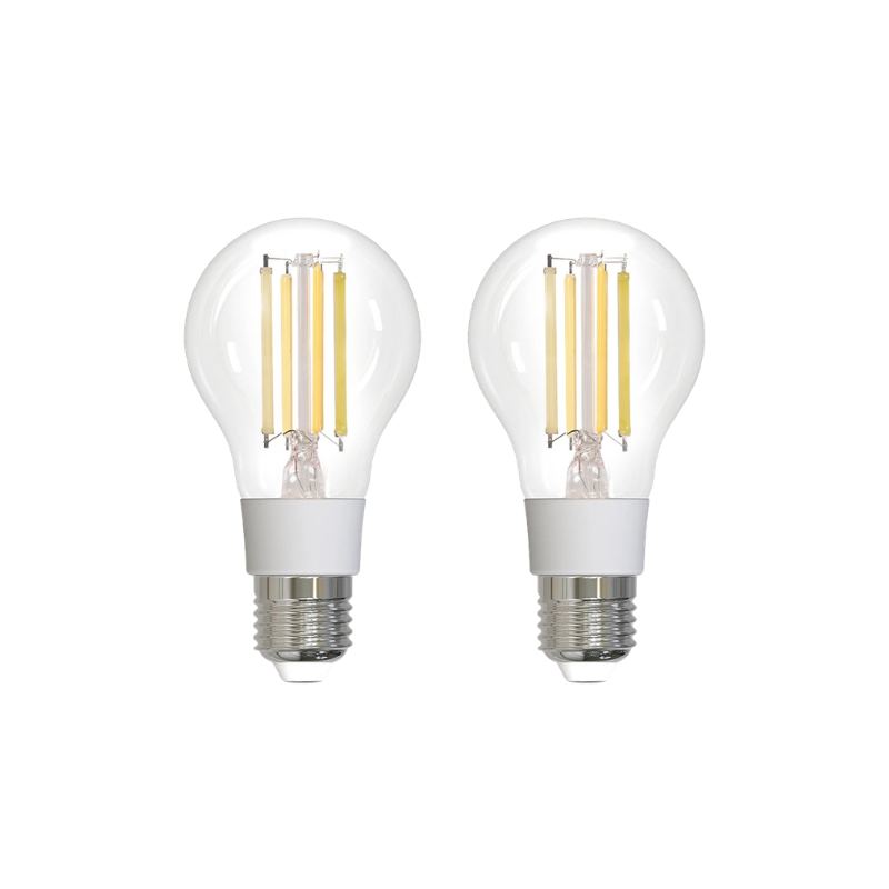 Due lampadine LED a filamento E27 ZigBee dimmabili, con controllo APP e vocale, temperatura colore regolabile e design transparente.